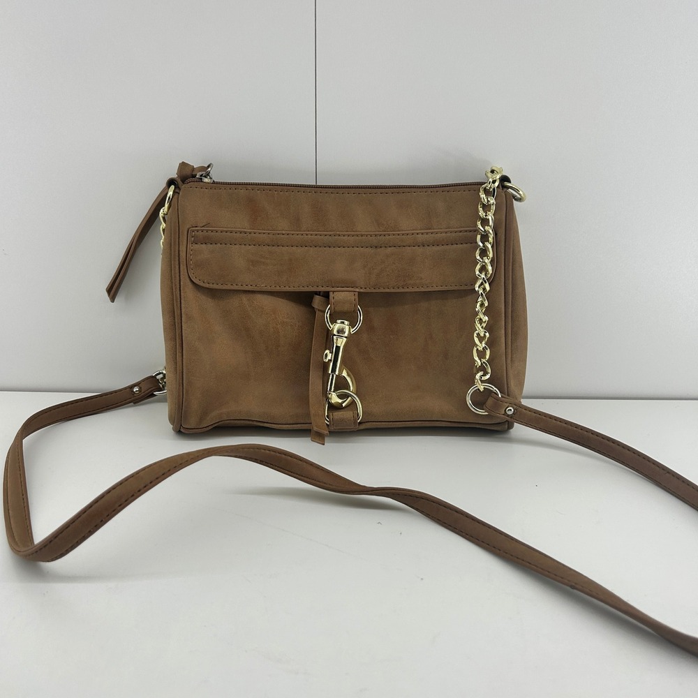 Womens Crossbody Shoulder Bag Brown Faux Leather Gold Chain Strap 9in Zip